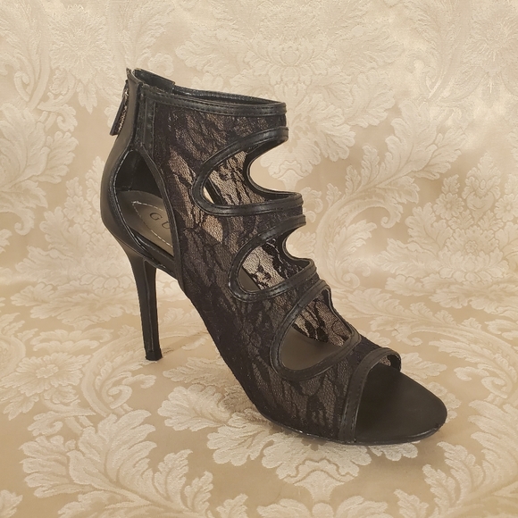 Black Lace Guess Cut Out Zip Heel Peep Toe Sandals Pumps - Picture 6 of 12